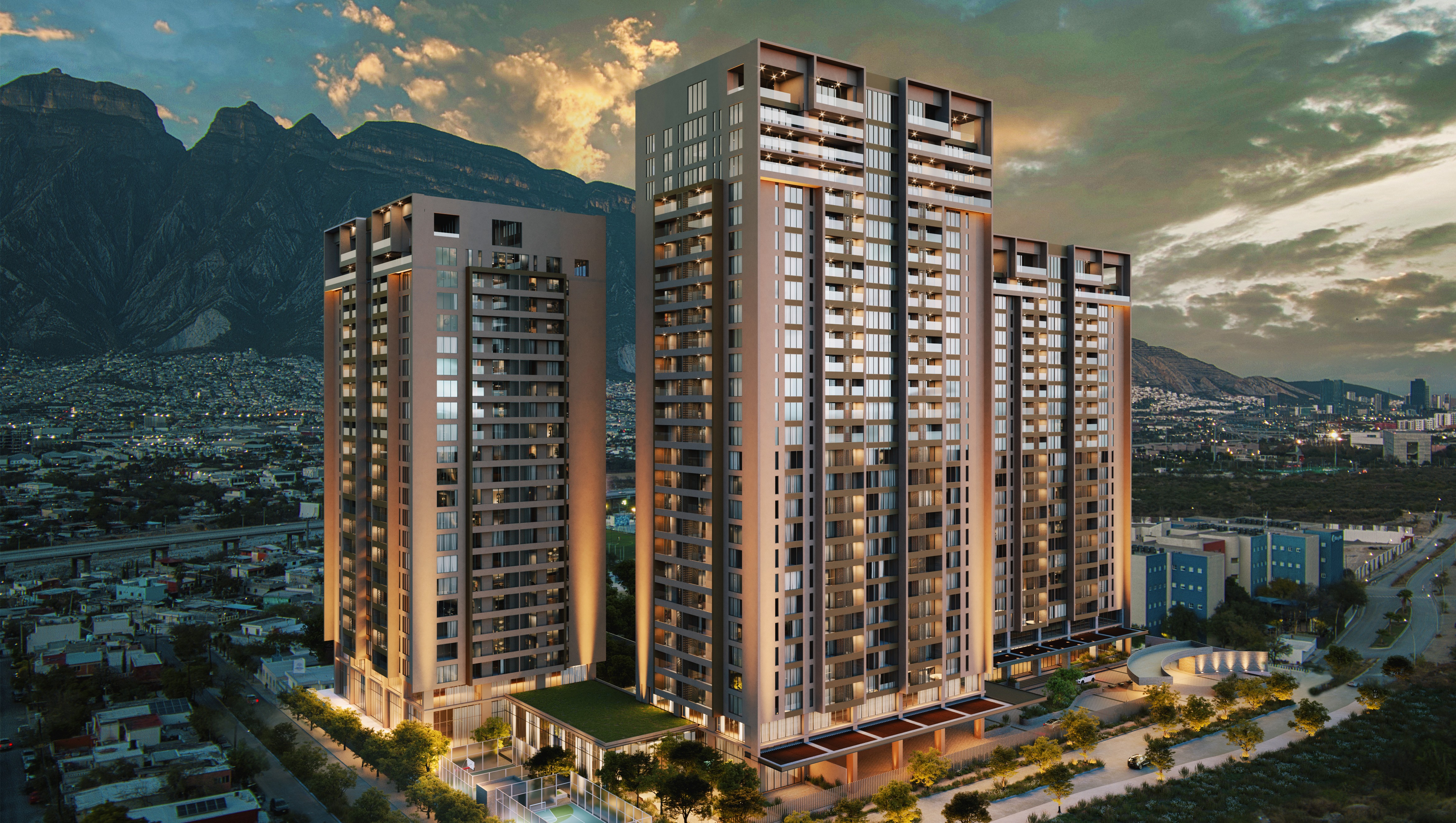 Vista aérea del proyecto WIDE con tres torres residenciales